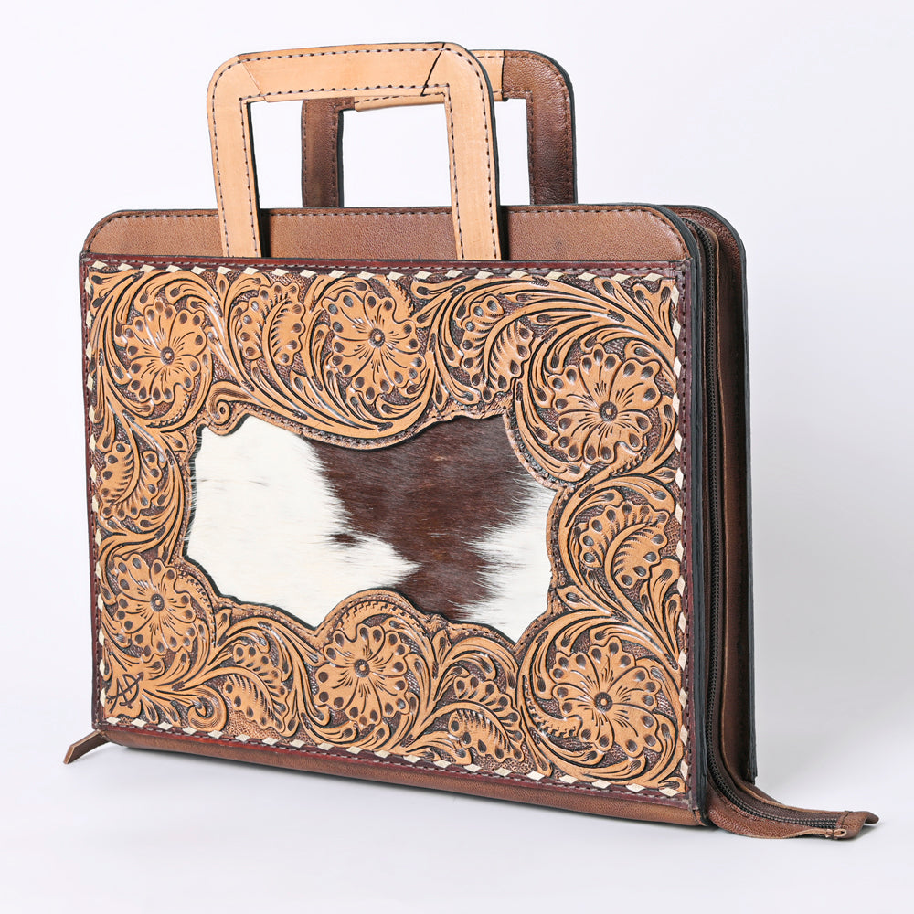 ADBG1194 American Darling Western Hand Tooled Leather Briefcase Bag Genuine Leather with Hair-On Hide Front Inlay Panel