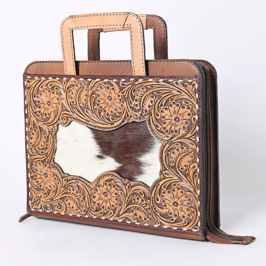 ADBG1194 American Darling Western Hand Tooled Leather Briefcase Bag Genuine Leather with Hair-On Hide Front Inlay Panel