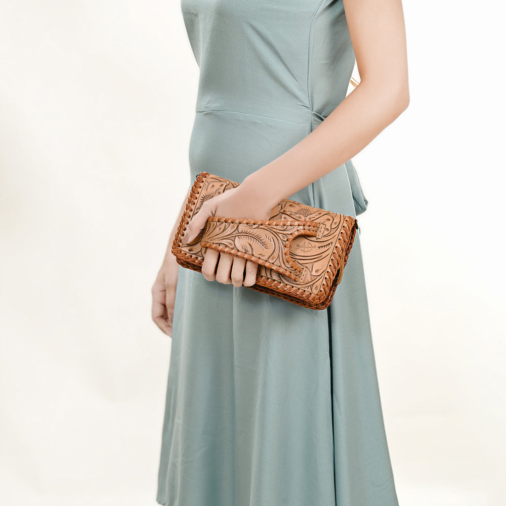 ADBG1228 American Darling Western Hand-Tooled Leather Clutch Bag with Floral Carving