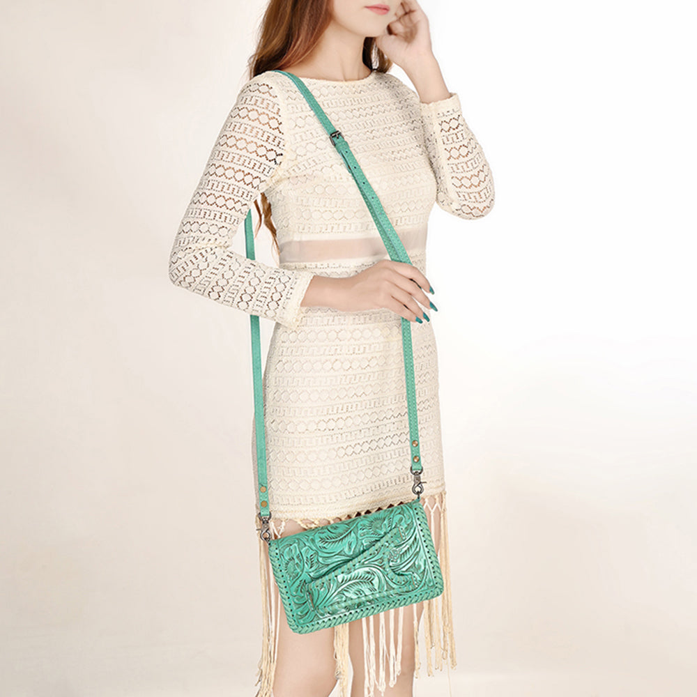 ADBG1228 American Darling Western Hand-Tooled Leather Clutch Bag with Floral Carving