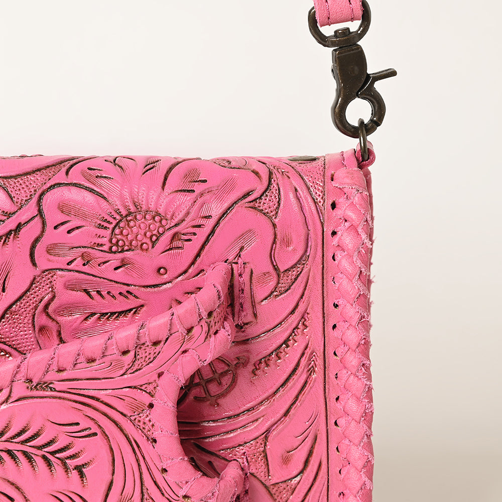 ADBG1228 American Darling Western Hand-Tooled Leather Clutch Bag - Pink Floral Carved Crossbody