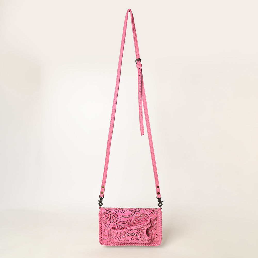 ADBG1228 American Darling Western Hand-Tooled Leather Clutch Bag - Pink Floral Carved Crossbody