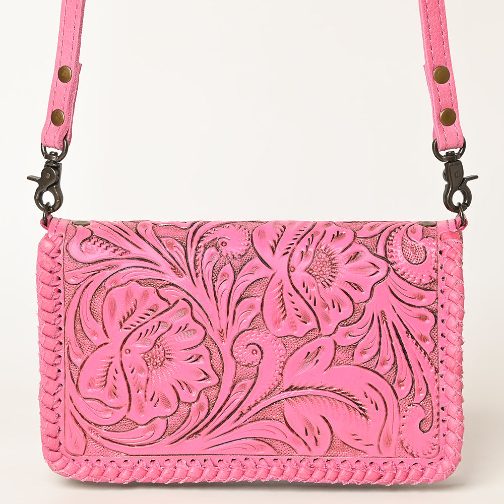 ADBG1228 American Darling Western Hand-Tooled Leather Clutch Bag - Pink Floral Carved Crossbody