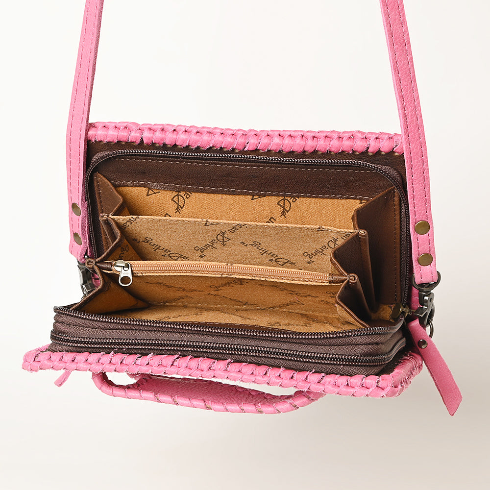 ADBG1228 American Darling Western Hand-Tooled Leather Clutch Bag - Pink Floral Carved Crossbody