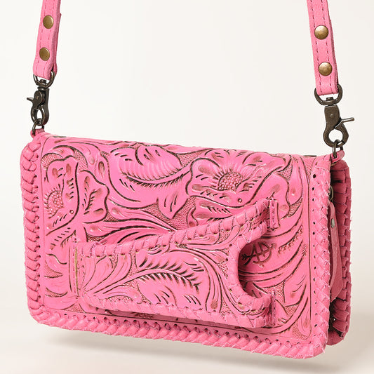 ADBG1228 American Darling Western Hand-Tooled Leather Clutch Bag - Pink Floral Carved Crossbody