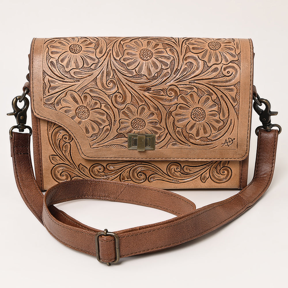 ADBG1229 American Darling Hand Tooled Western Leather Crossbody Bag - Floral Carved Genuine Leather Purse