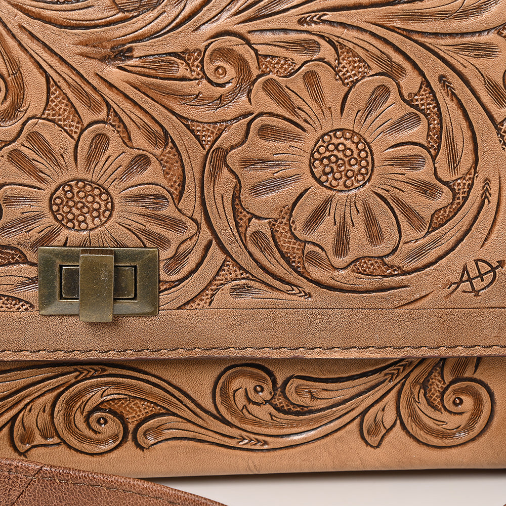 ADBG1229 American Darling Hand Tooled Western Leather Crossbody Bag - Floral Carved Genuine Leather Purse