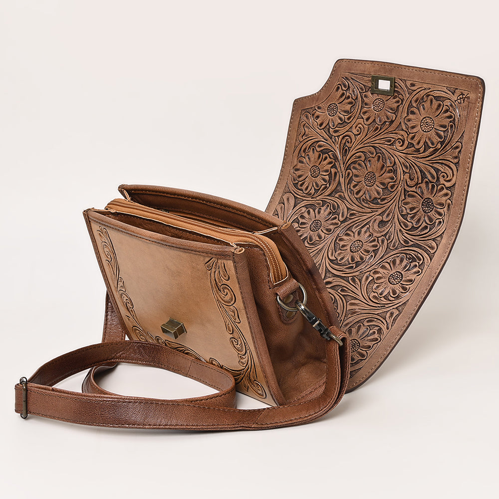 ADBG1229 American Darling Hand Tooled Western Leather Crossbody Bag - Floral Carved Genuine Leather Purse