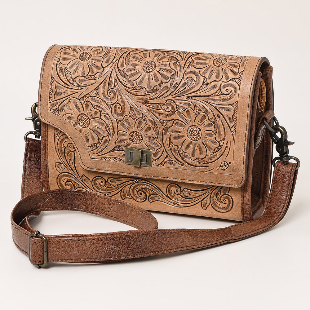 ADBG1229 American Darling Hand Tooled Western Leather Crossbody Bag - Floral Carved Genuine Leather Purse