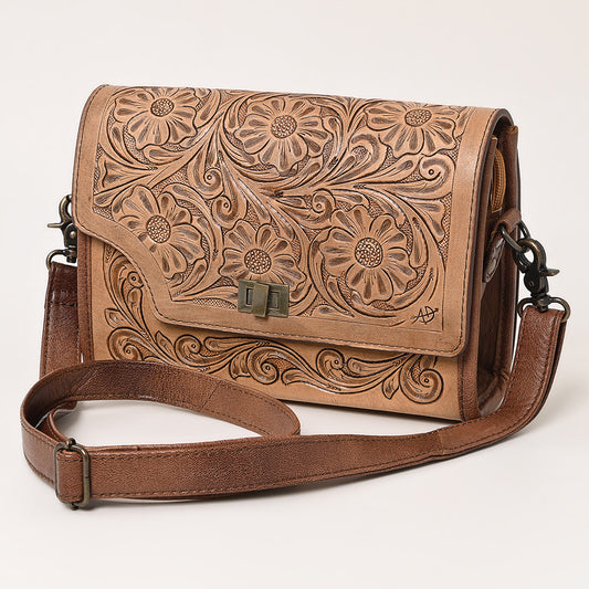 ADBG1229 American Darling Hand Tooled Western Leather Crossbody Bag - Floral Carved Genuine Leather Purse
