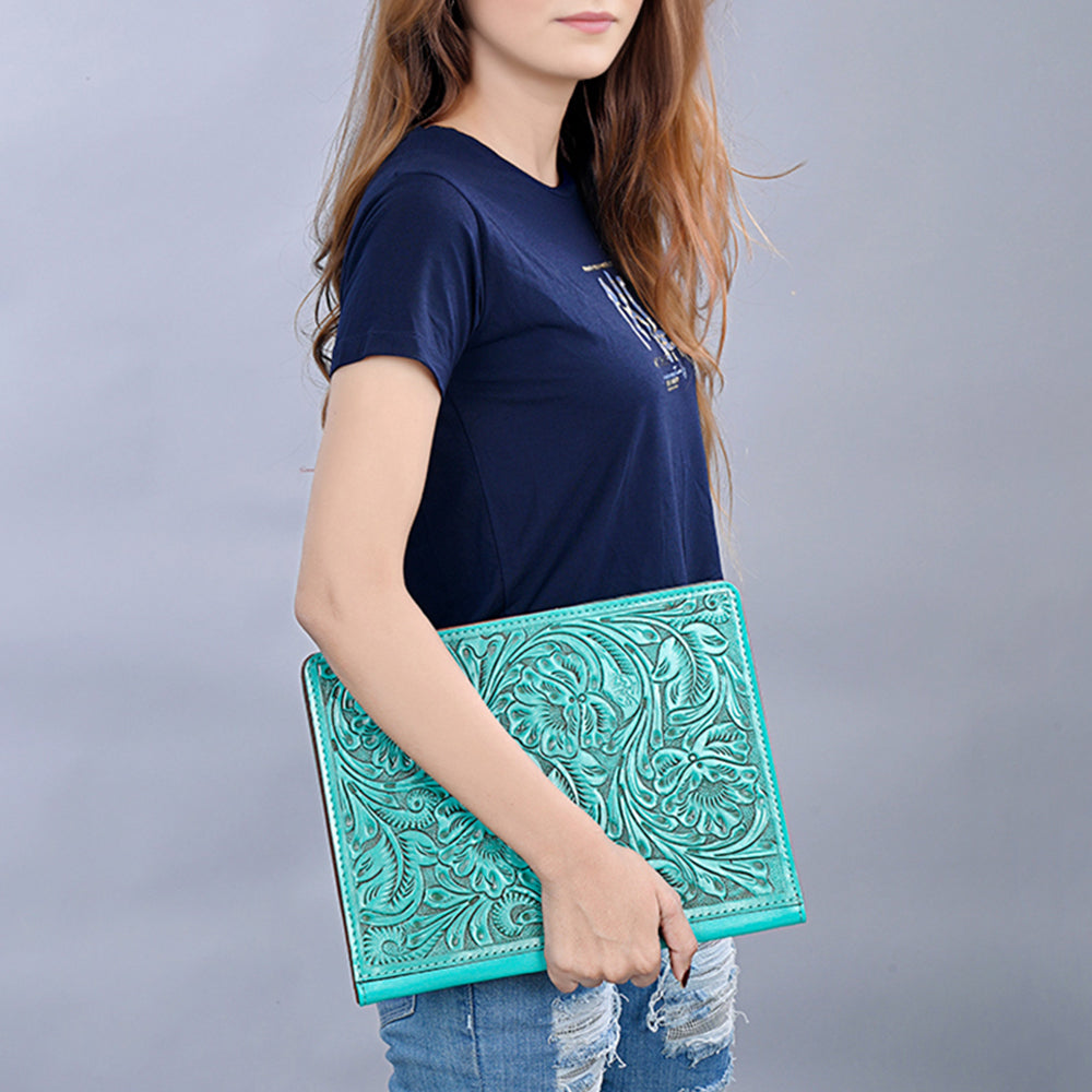 ADBG1232 American Darling Western Hand-Tooled Leather Portfolio Bag - Floral Carved Genuine Leather Case
