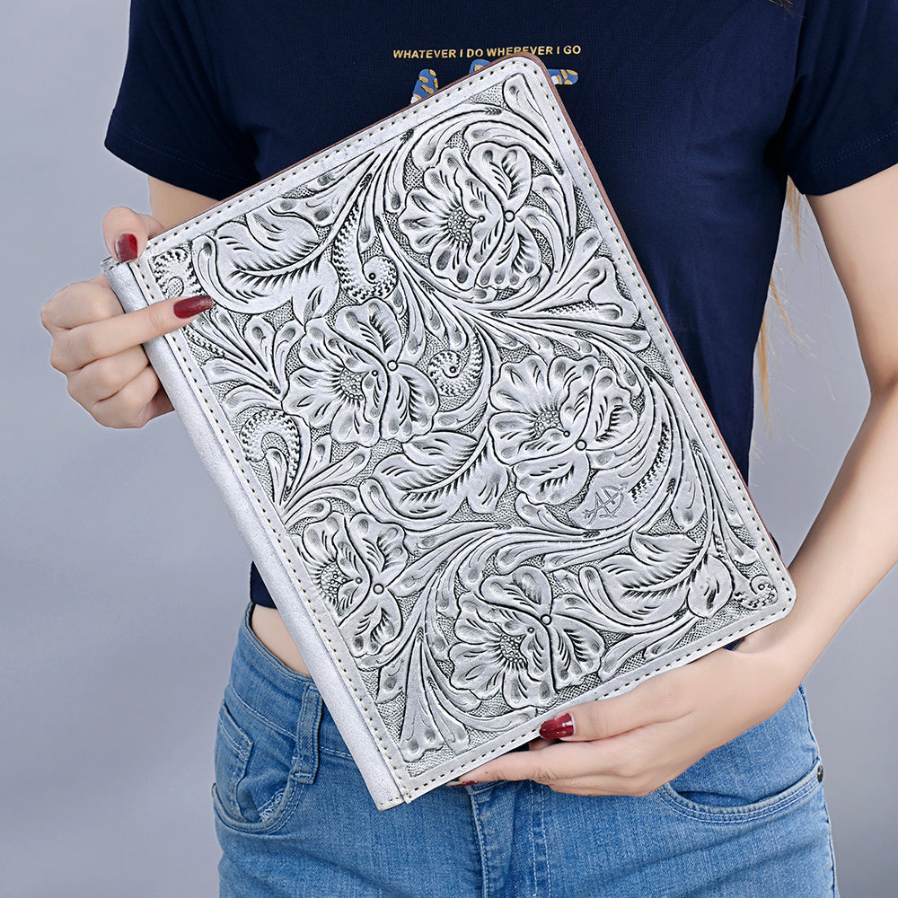 ADBG1232 American Darling Western Hand-Tooled Leather Portfolio Bag - Floral Carved Genuine Leather Case