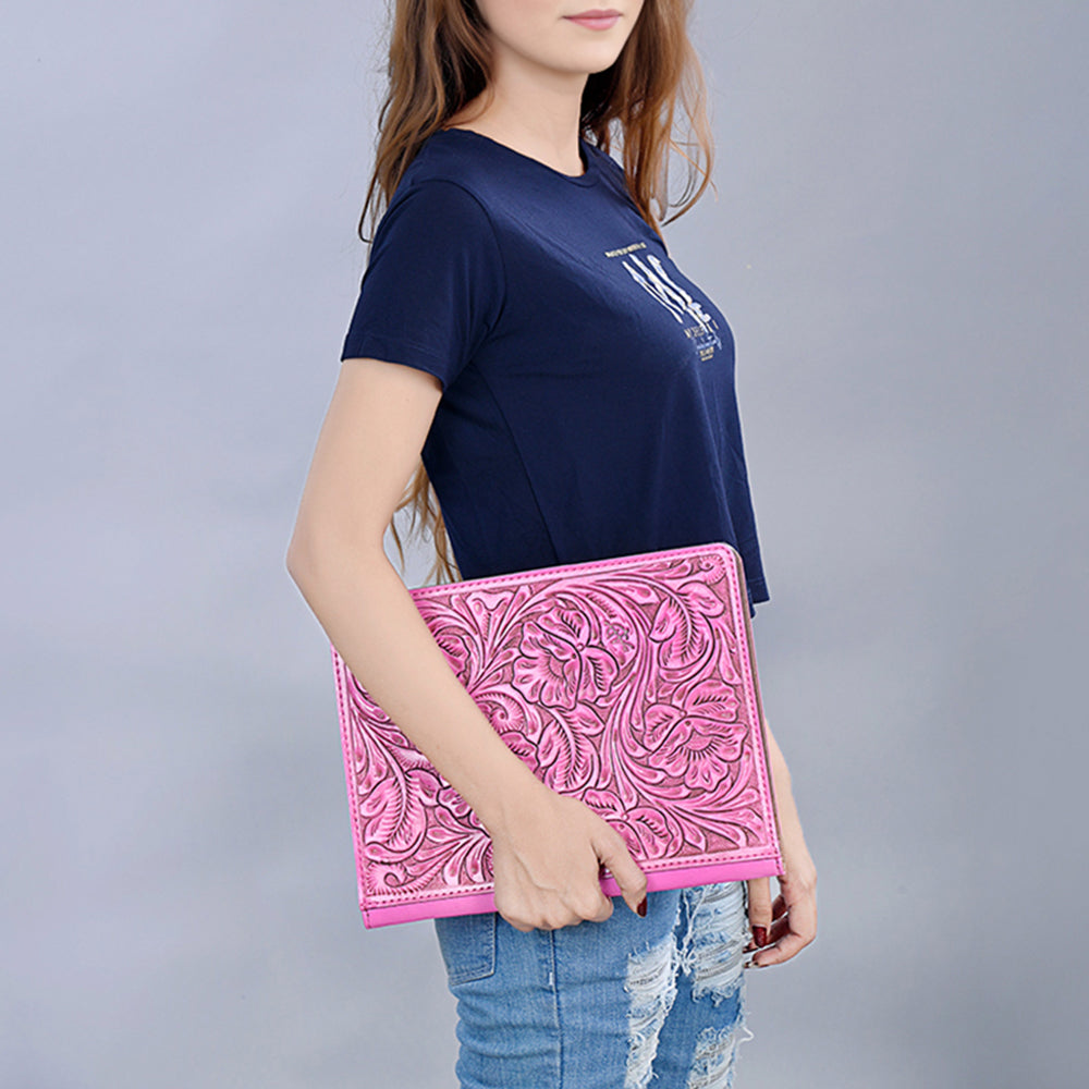 ADBG1232 American Darling Western Hand-Tooled Leather Portfolio Bag in Pink