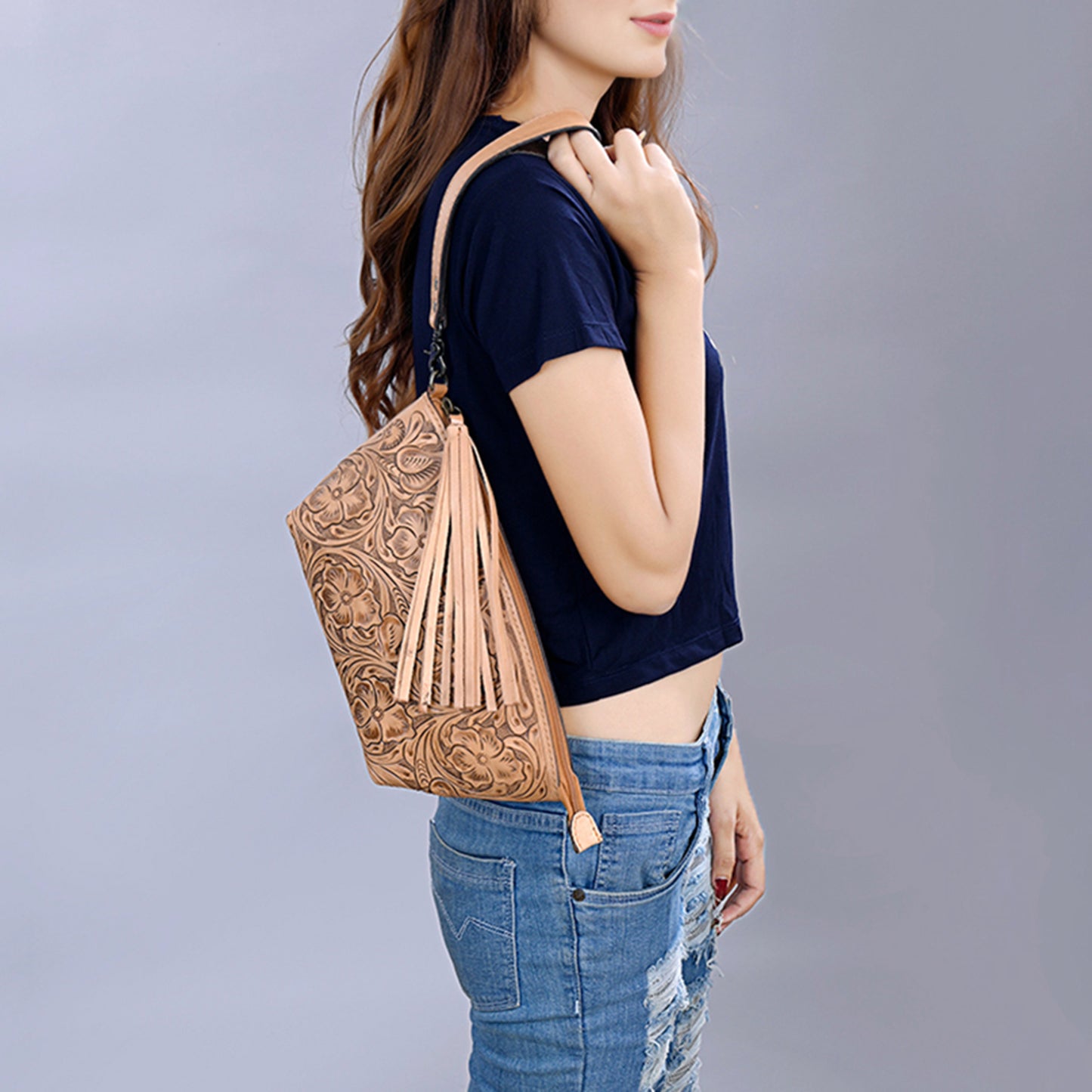 ADBG1234 American Darling Hand-Tooled Western Leather Wristlet Bag - Genuine Floral Carved Womens Clutch