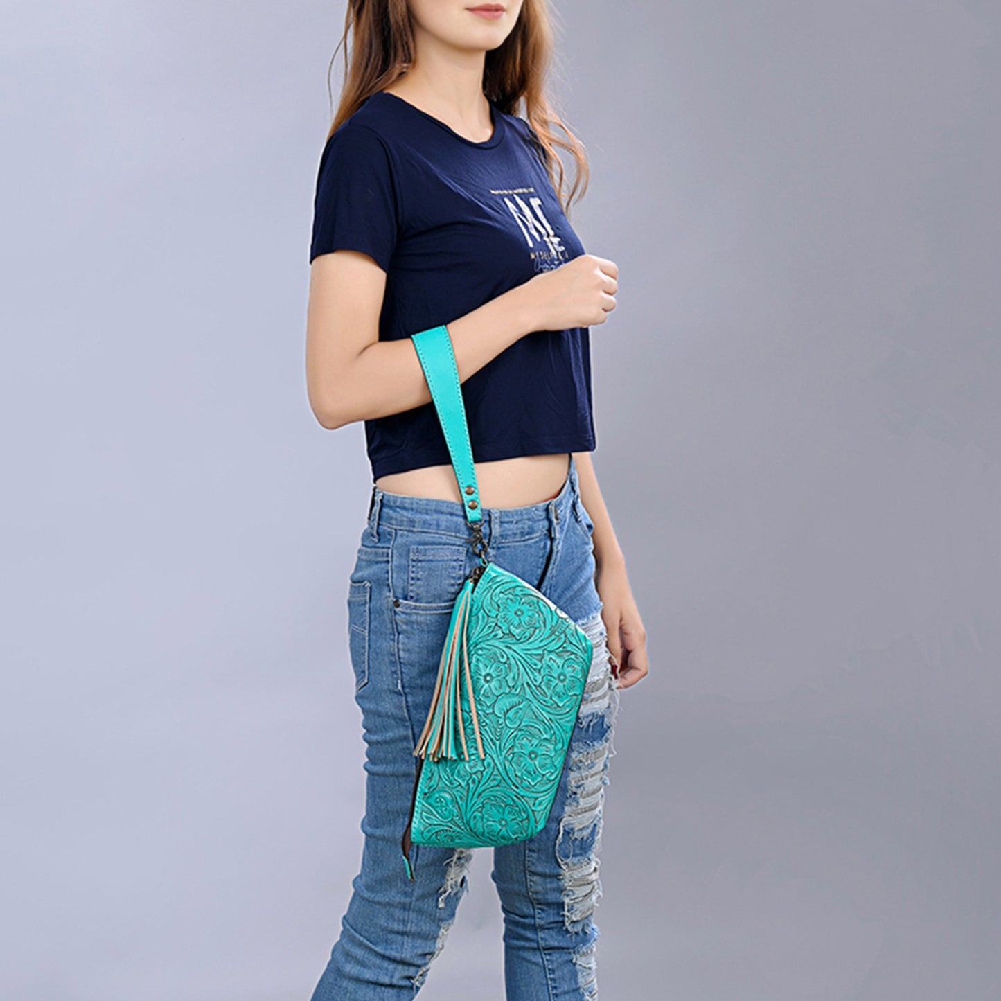 ADBG1234 American Darling Hand-Tooled Western Leather Wristlet Bag - Genuine Floral Carved Womens Clutch