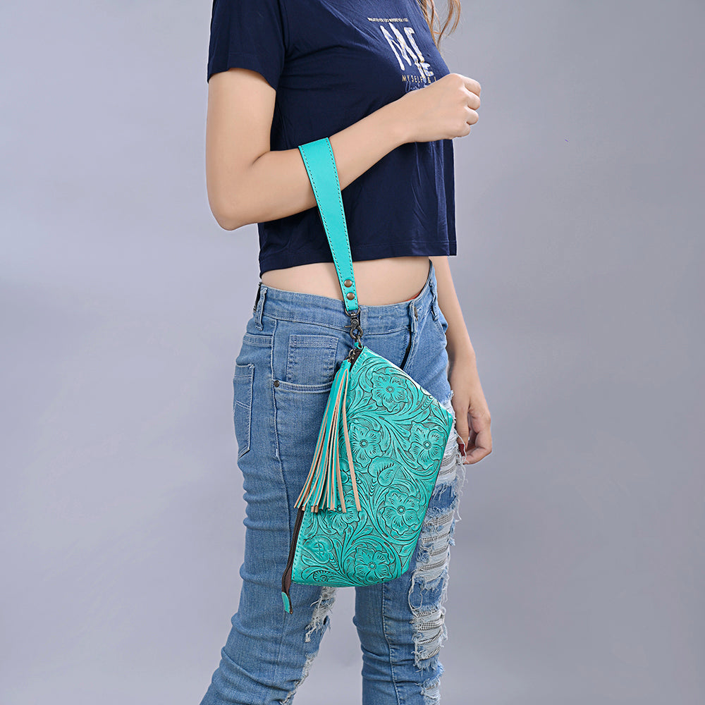 ADBG1234 American Darling Hand-Tooled Western Leather Wristlet Bag - Genuine Floral Carved Womens Clutch