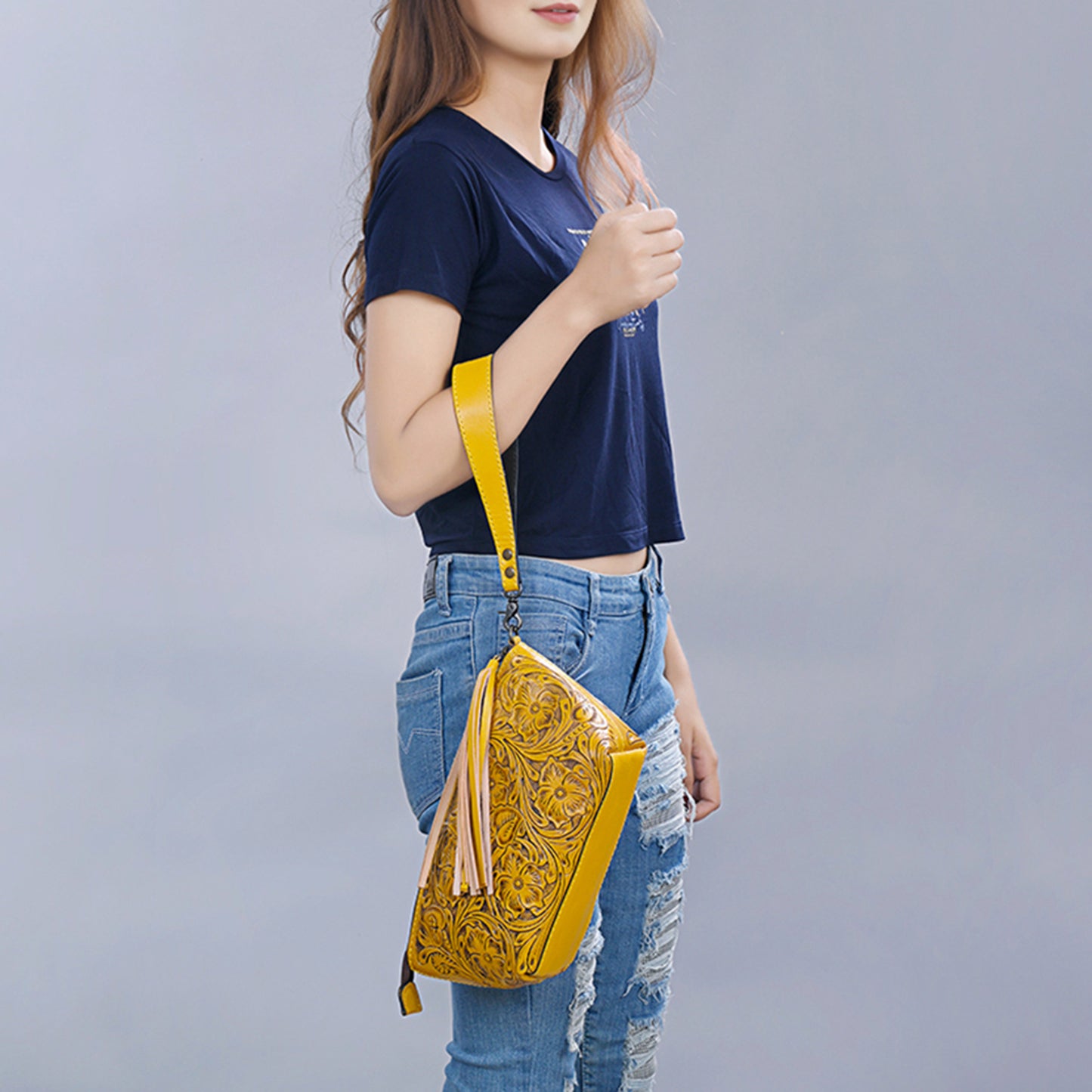 ADBG1234 American Darling Hand-Tooled Western Leather Wristlet Bag - Genuine Floral Carved Womens Clutch