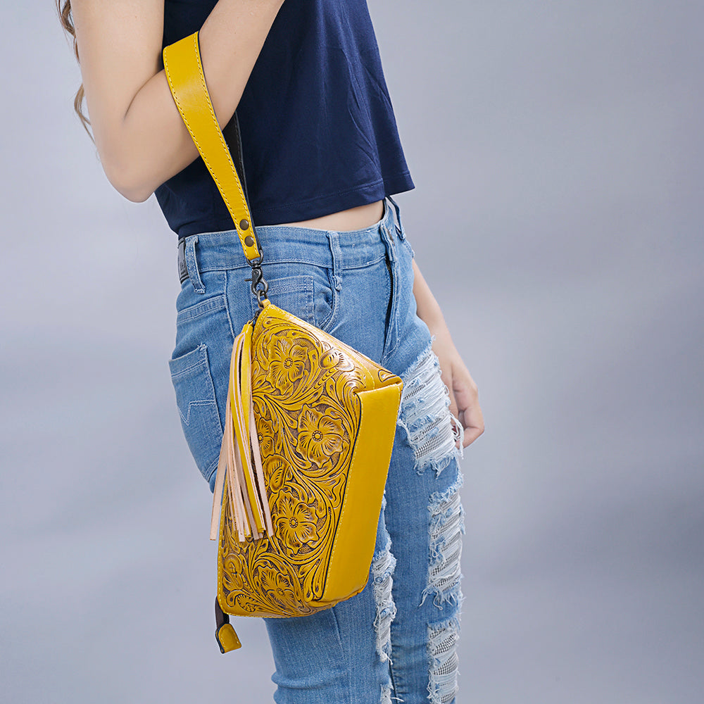 ADBG1234 American Darling Hand-Tooled Western Leather Wristlet Bag - Genuine Floral Carved Womens Clutch