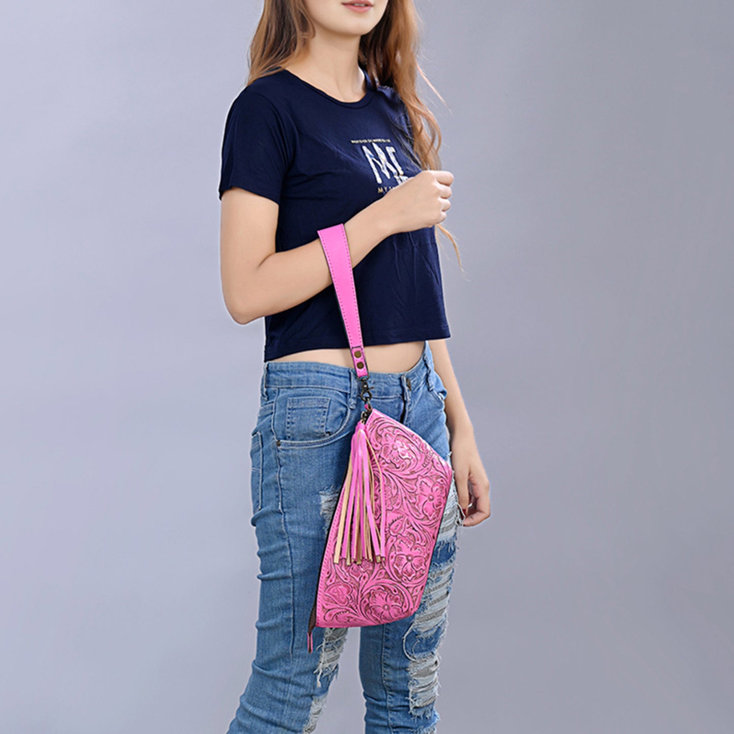 ADBG1234 American Darling Hand-Tooled Western Leather Wristlet Bag - Genuine Floral Carved Womens Clutch