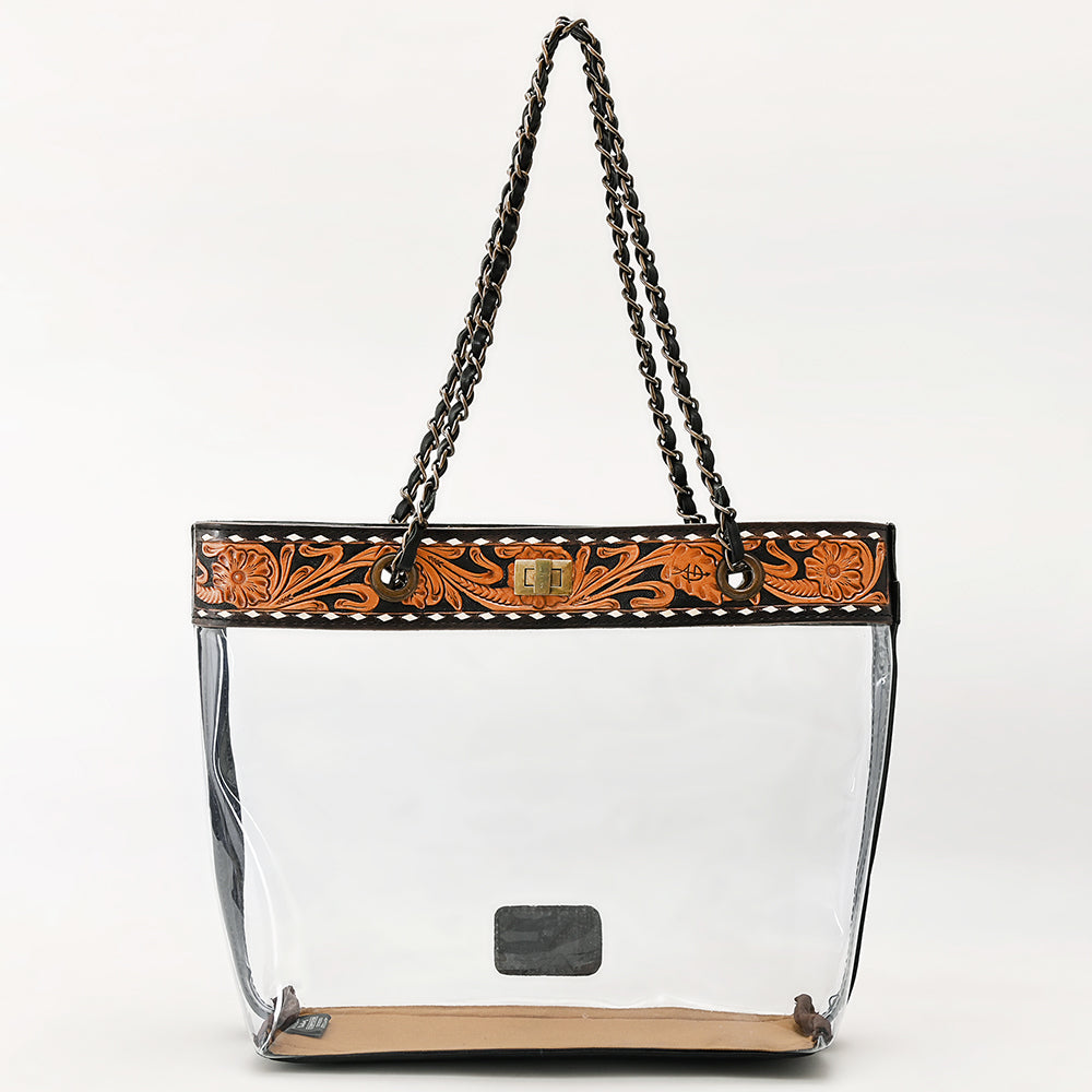 ADBG1238 American Darling Western Clear Tote Bag with Hand-Tooled Leather Trim - Genuine Leather Stadium-Approved Tote