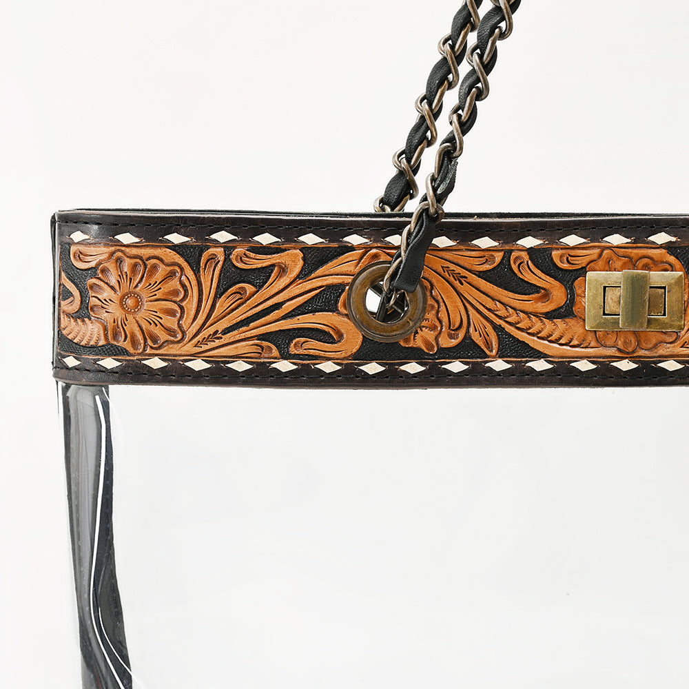 ADBG1238 American Darling Western Clear Tote Bag with Hand-Tooled Leather Trim - Genuine Leather Stadium-Approved Tote