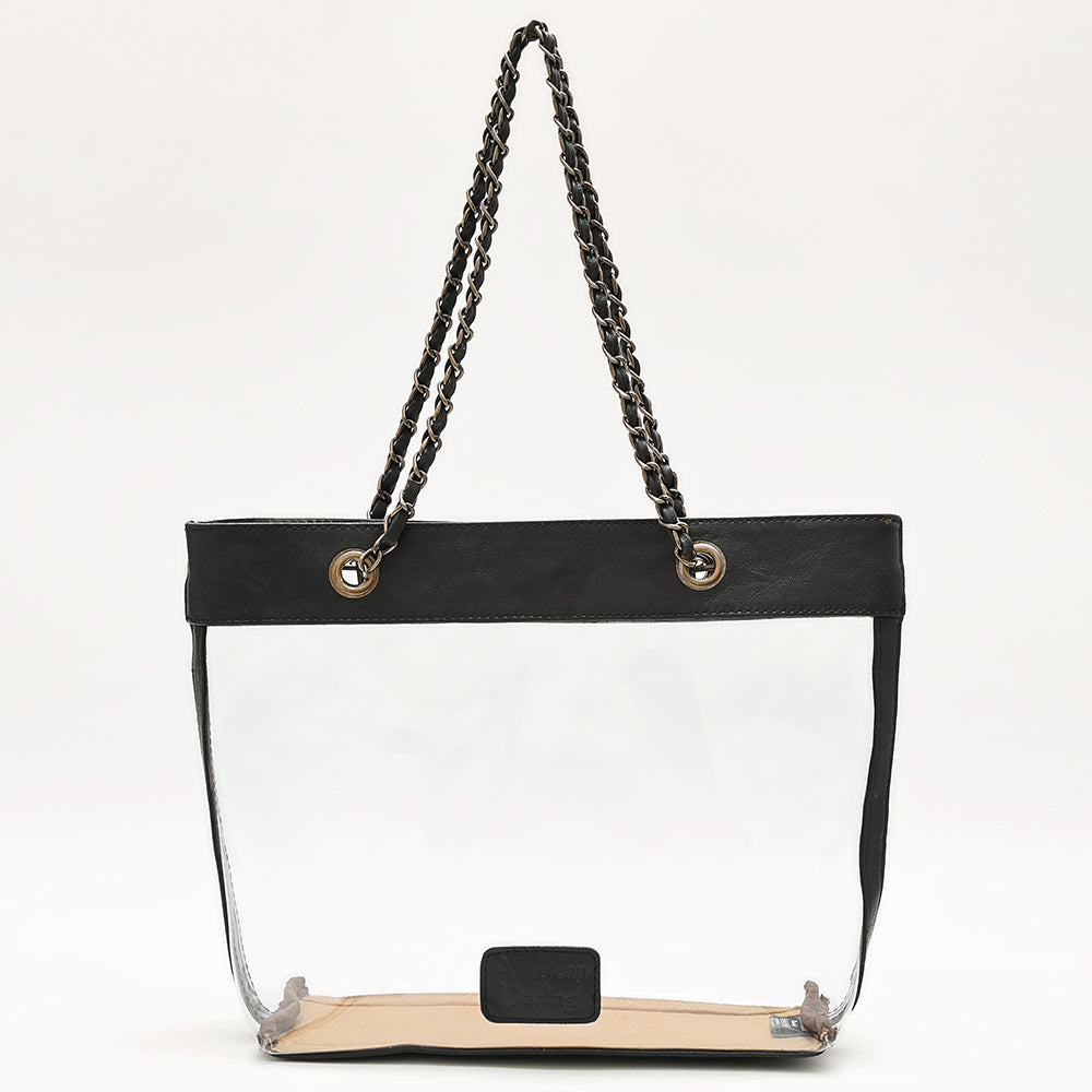 ADBG1238 American Darling Western Clear Tote Bag with Hand-Tooled Leather Trim - Genuine Leather Stadium-Approved Tote
