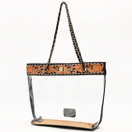 ADBG1238 American Darling Western Clear Tote Bag with Hand-Tooled Leather Trim - Genuine Leather Stadium-Approved Tote