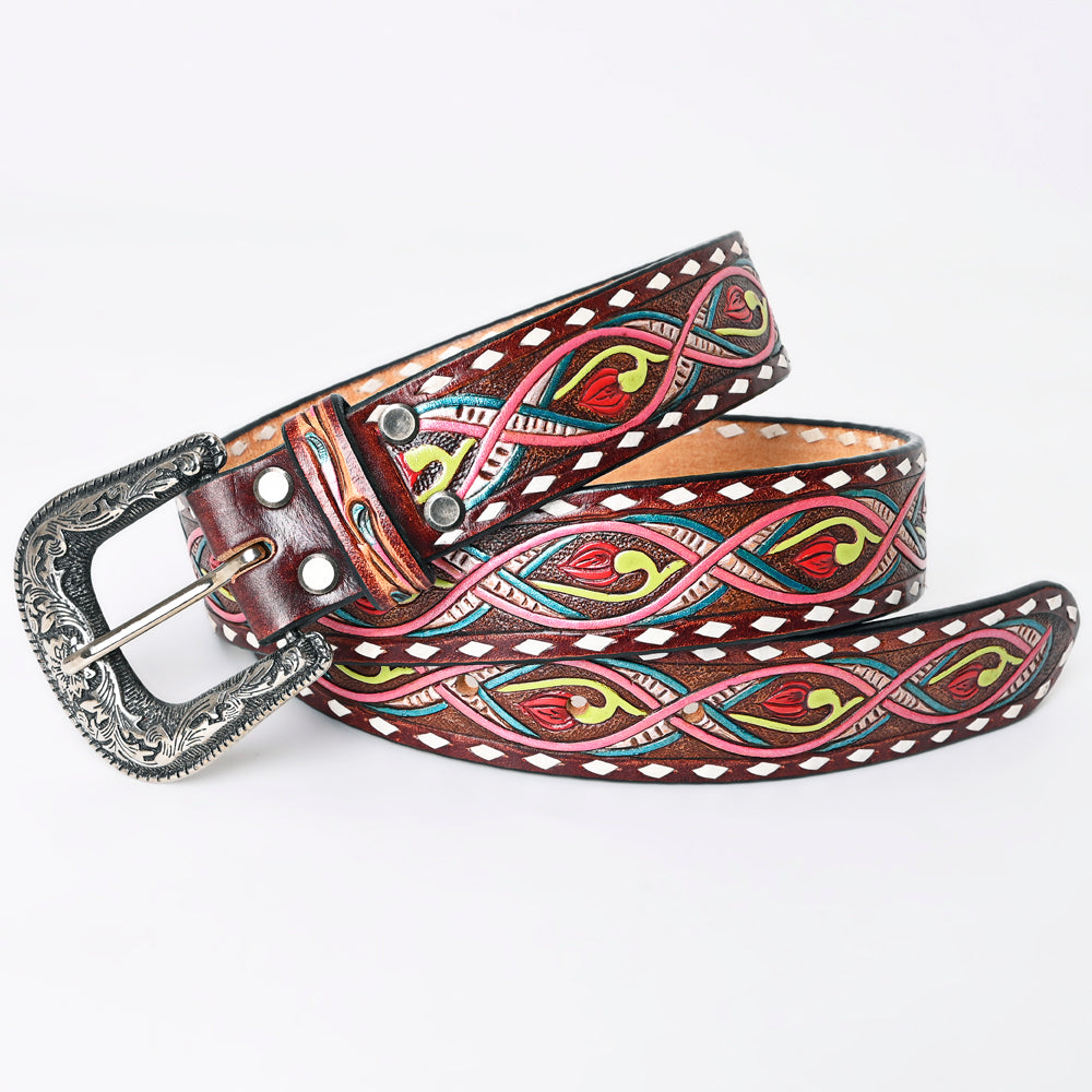 LC-ADBLF150 Hand-Tooled Leather Belt - Neon Abstract Floral Scroll with Pink & Teal Accents