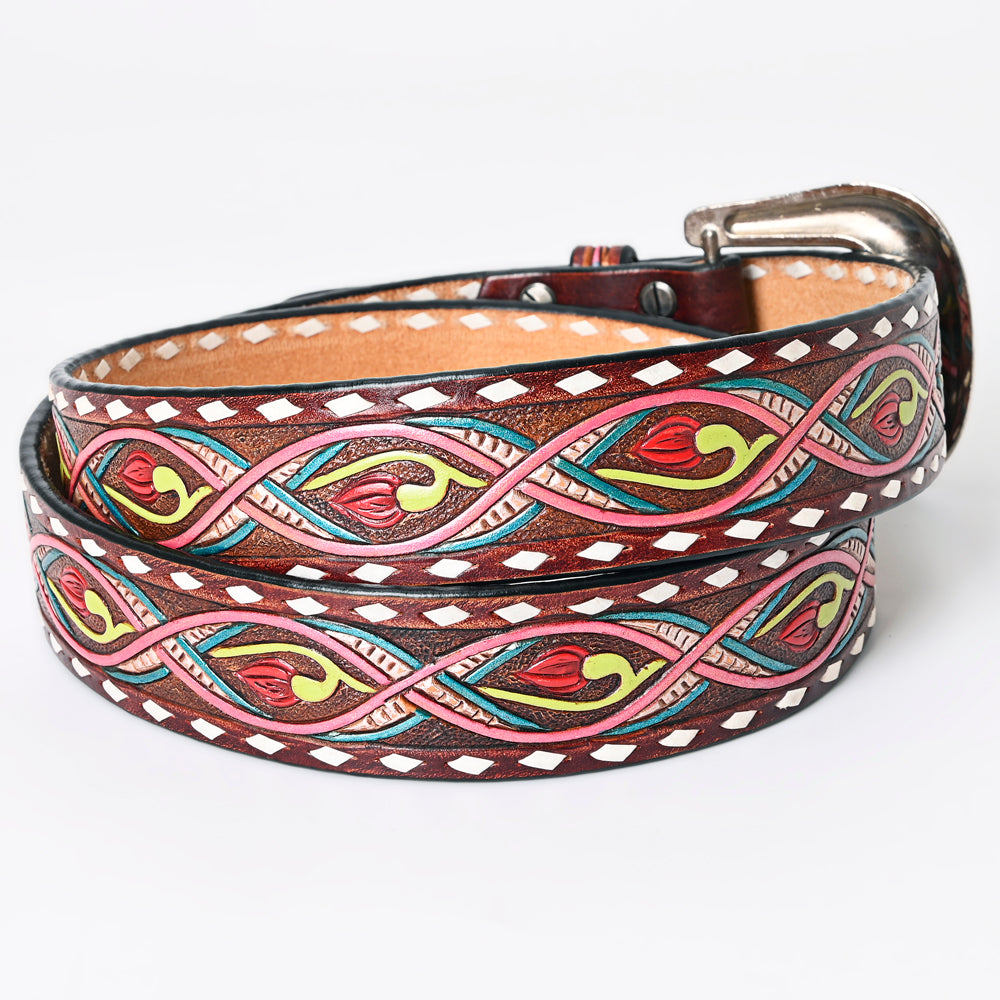 LC-ADBLF150 Hand-Tooled Leather Belt - Neon Abstract Floral Scroll with Pink & Teal Accents