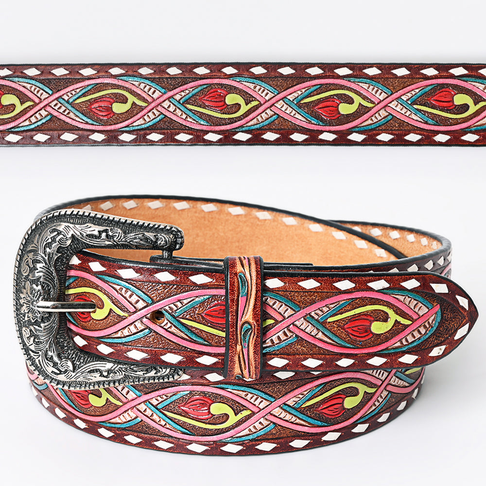 LC-ADBLF150 Hand-Tooled Leather Belt - Neon Abstract Floral Scroll with Pink & Teal Accents