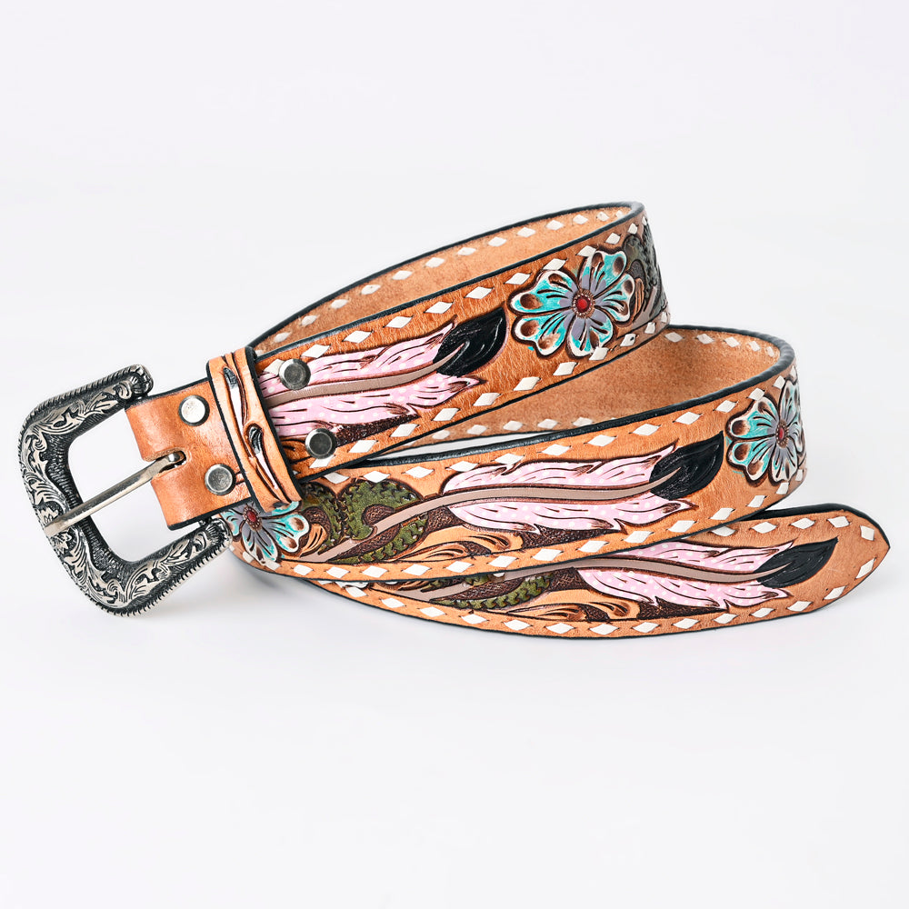 LC-ADBLF152 Hand-Tooled Leather Belt - Pink Feather & Turquoise Flower Western Design