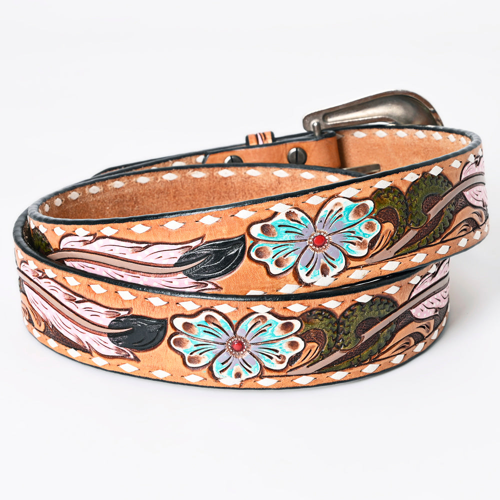 LC-ADBLF152 Hand-Tooled Leather Belt - Pink Feather & Turquoise Flower Western Design