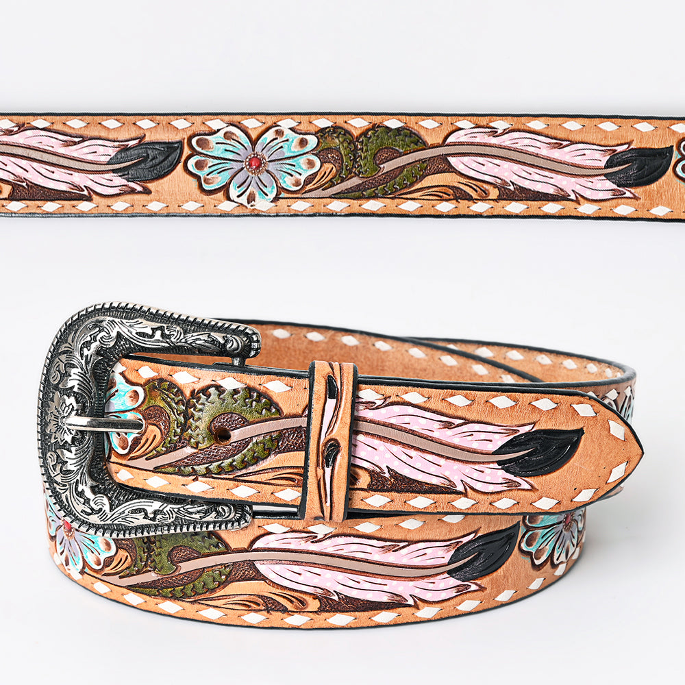 LC-ADBLF152 Hand-Tooled Leather Belt - Pink Feather & Turquoise Flower Western Design