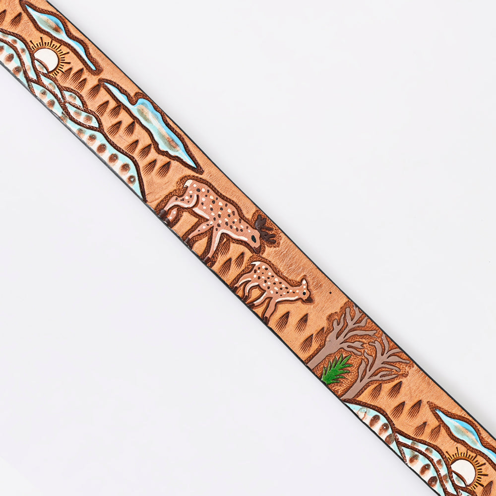 LC-ADBLF163 Tooled Leather Western Belt - Deer & Wilderness Landscape