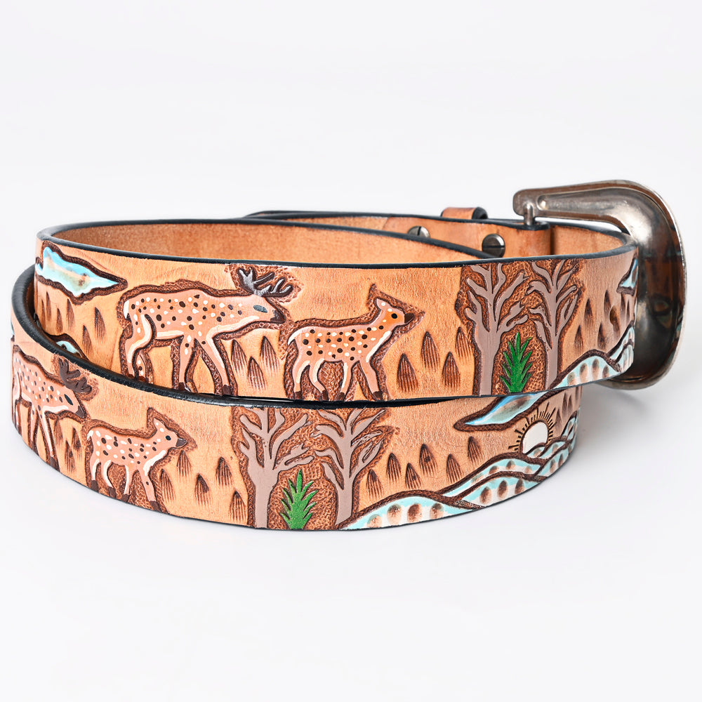 LC-ADBLF163 Tooled Leather Western Belt - Deer & Wilderness Landscape
