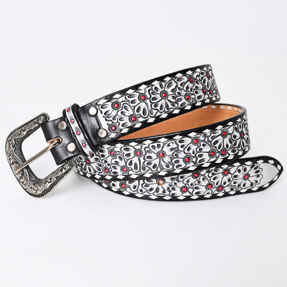 LC-ADBLF165 Black & White Tooled Leather Western Belt - Floral Pattern with Red Stud Accents