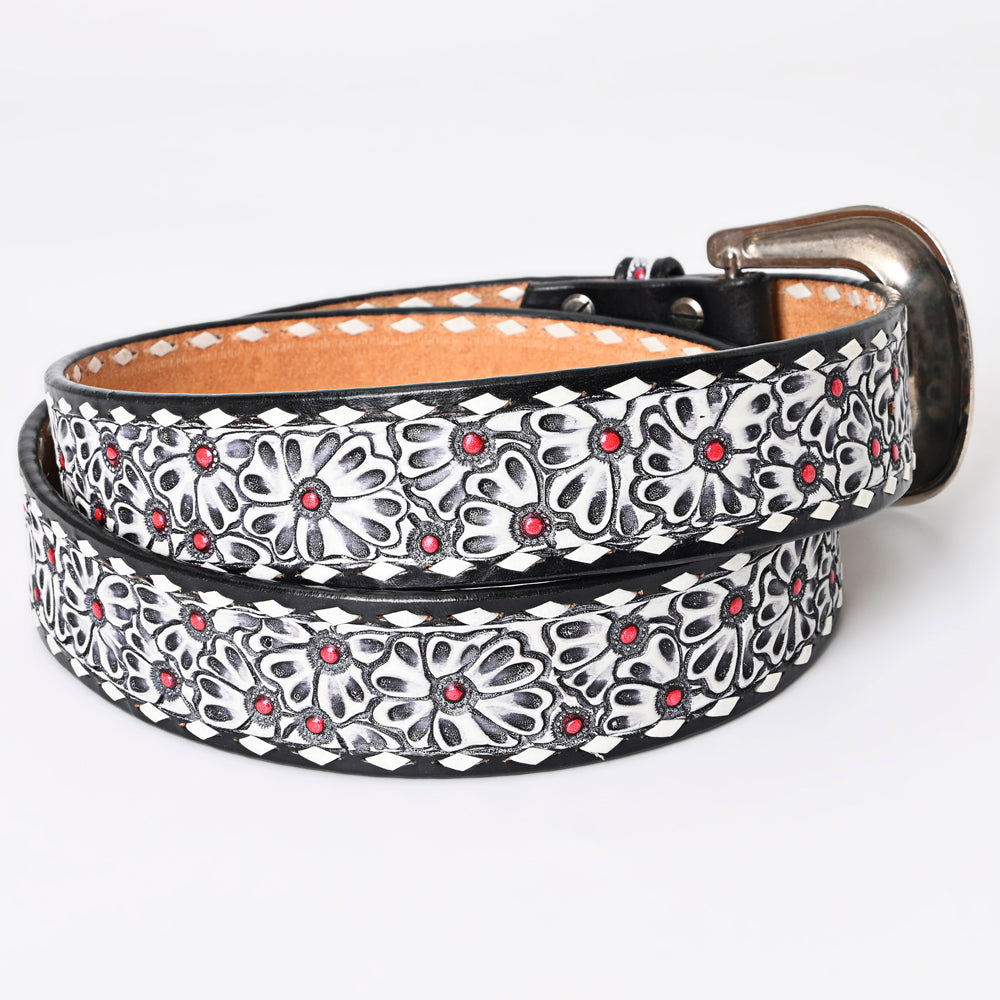 LC-ADBLF165 Black & White Tooled Leather Western Belt - Floral Pattern with Red Stud Accents