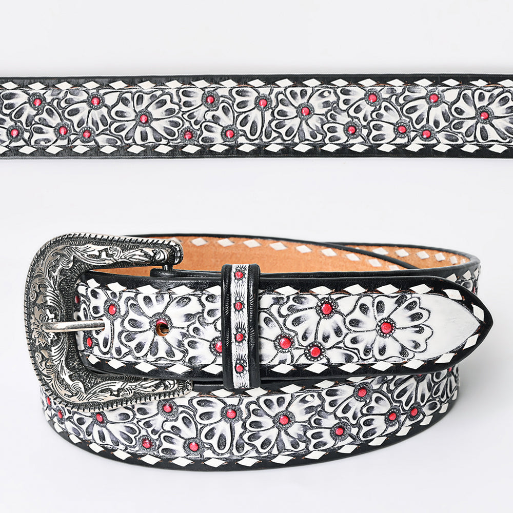 LC-ADBLF165 Black & White Tooled Leather Western Belt - Floral Pattern with Red Stud Accents