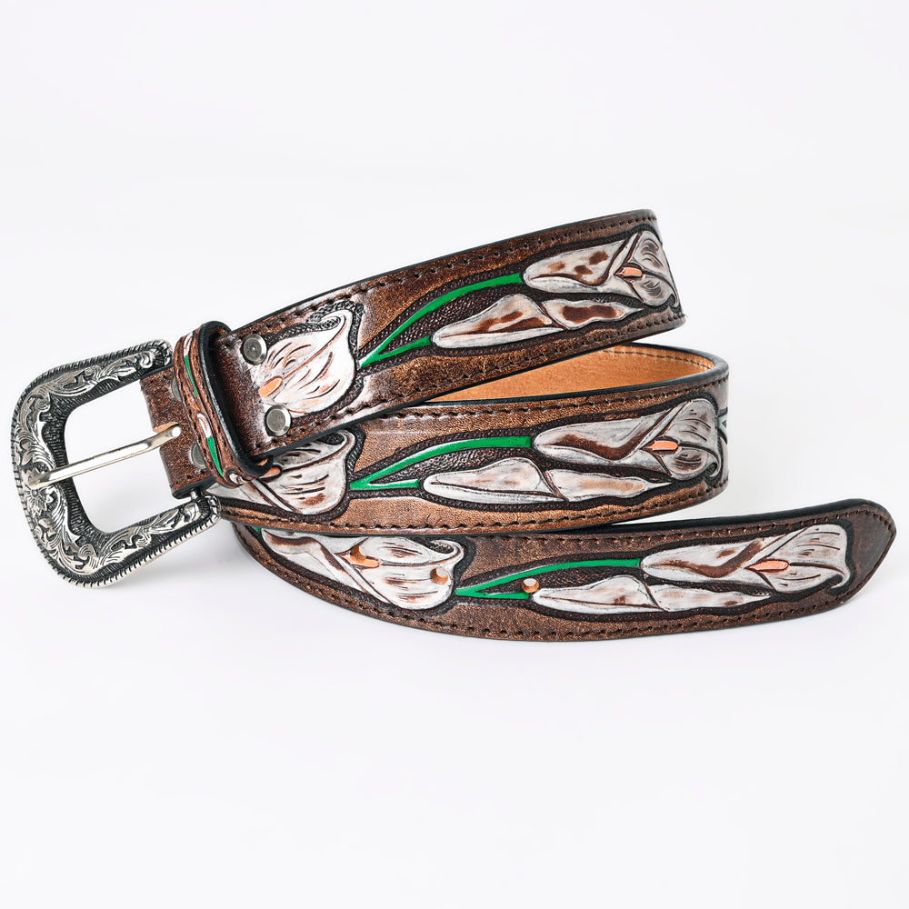 LC-ADBLF166 Handtooled Leather Belt - White Calla Lily Vine Design on Chocolate Brown