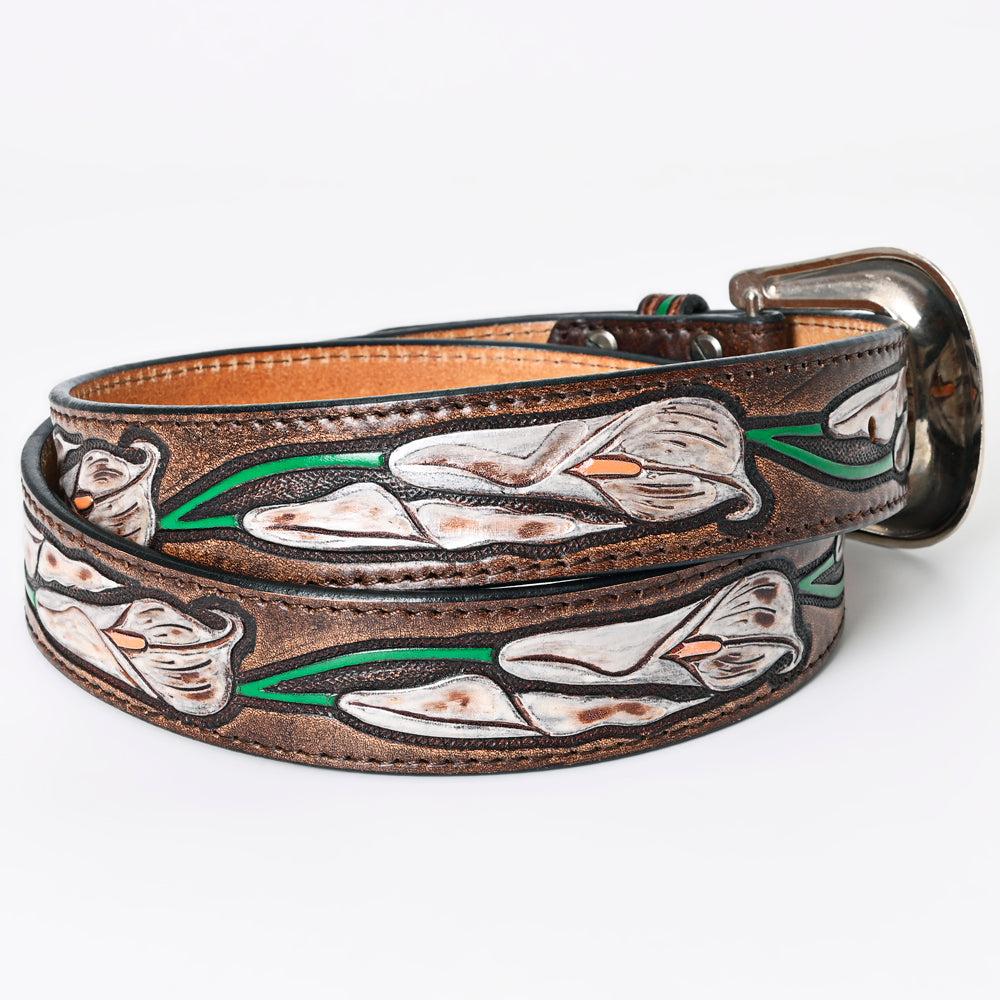 LC-ADBLF166 Handtooled Leather Belt - White Calla Lily Vine Design on Chocolate Brown