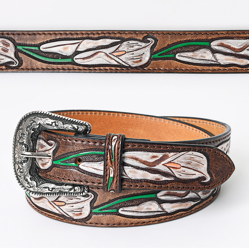 LC-ADBLF166 Handtooled Leather Belt - White Calla Lily Vine Design on Chocolate Brown