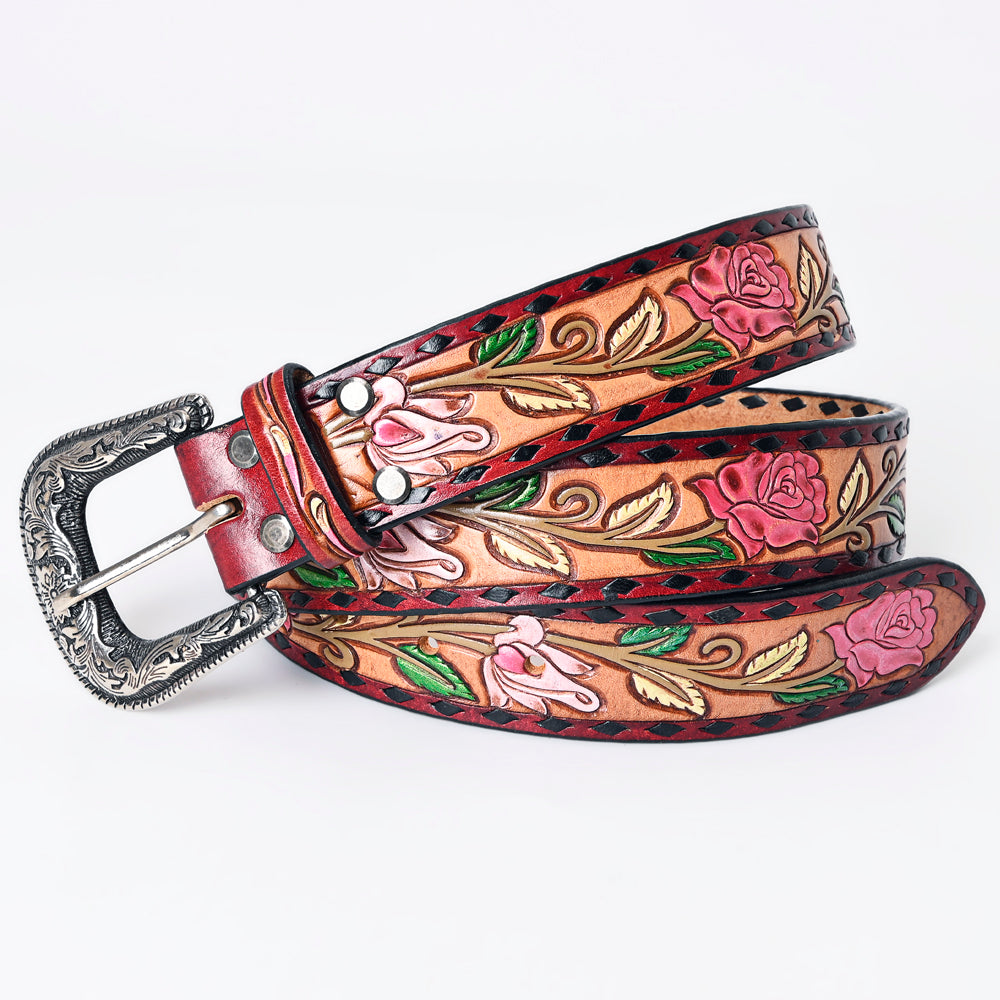 LC-ADBLF167 Handtooled Leather Belt - Pink Roses & Calla Lilies on Red-Bordered Natural Leather