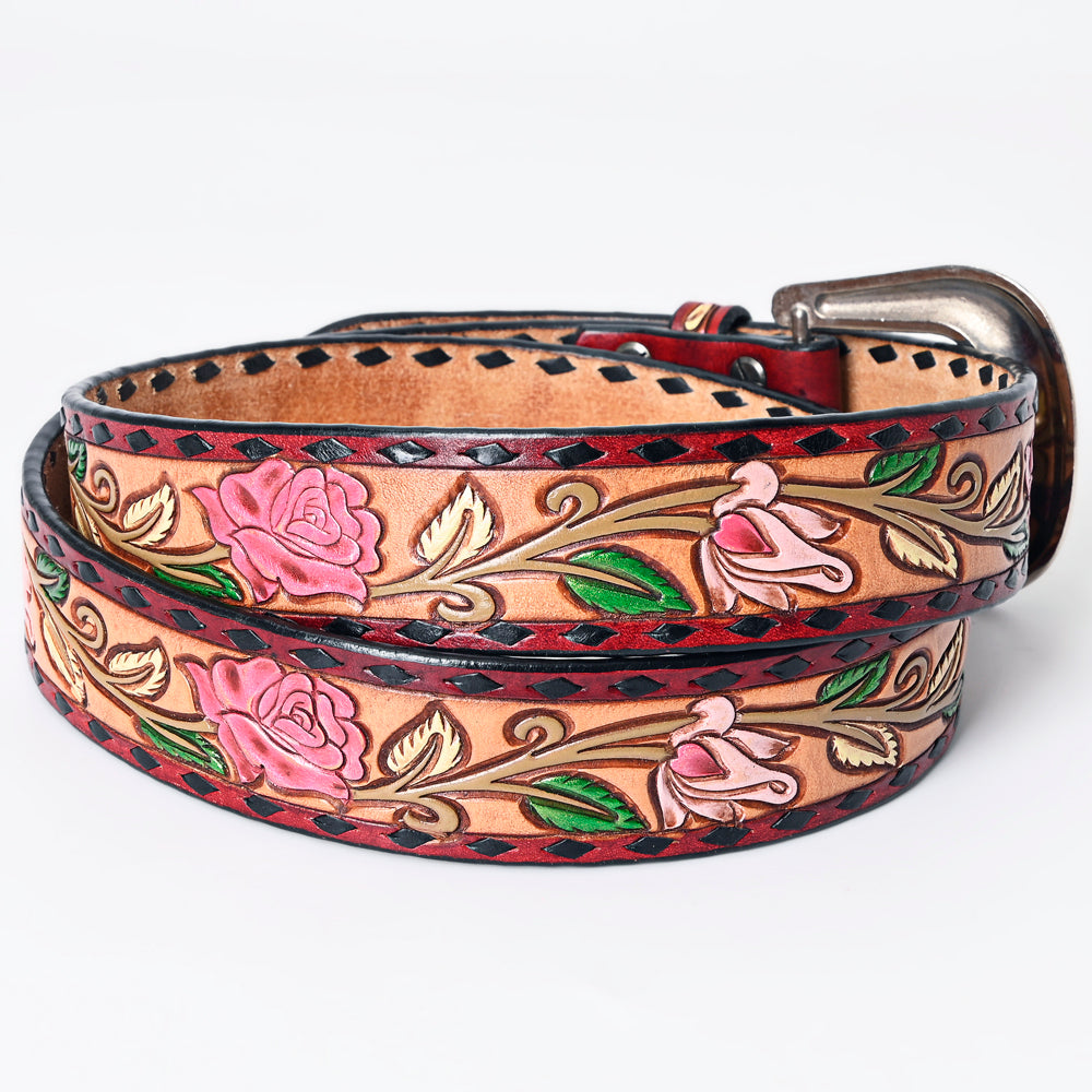 LC-ADBLF167 Handtooled Leather Belt - Pink Roses & Calla Lilies on Red-Bordered Natural Leather