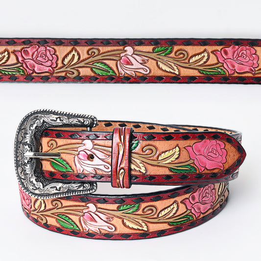 LC-ADBLF167 Handtooled Leather Belt - Pink Roses & Calla Lilies on Red-Bordered Natural Leather
