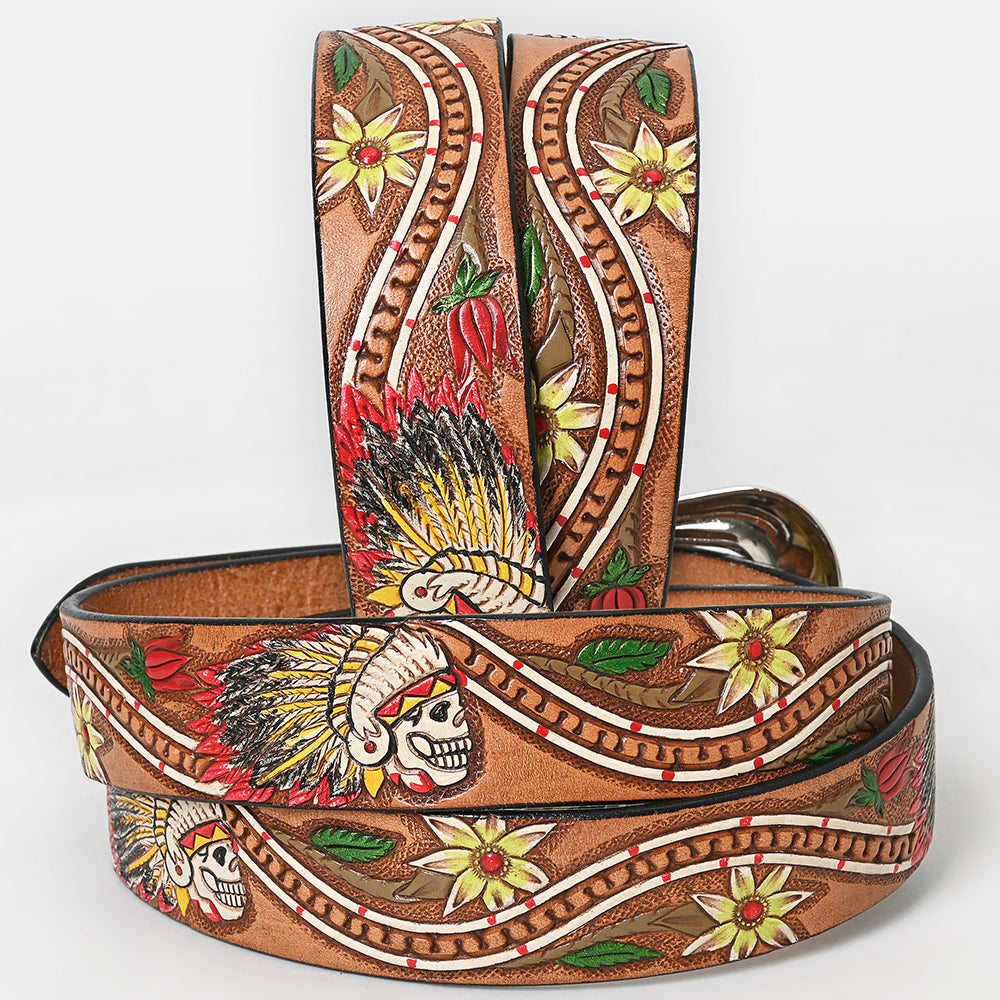 LC-ADBLF168 Handtooled Leather Belt - Warrior Skull Headdress & Western Floral Accents