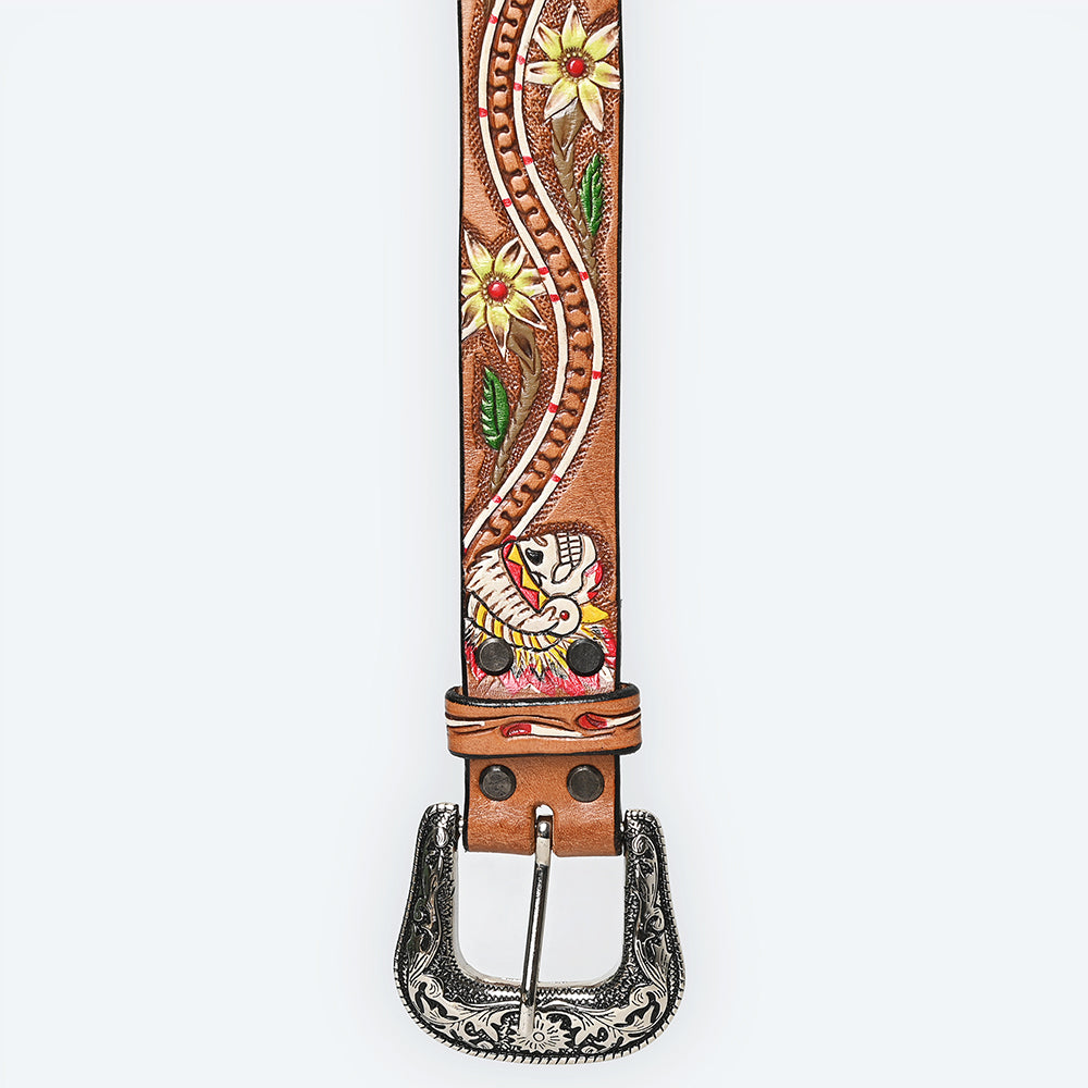 LC-ADBLF168 Handtooled Leather Belt - Warrior Skull Headdress & Western Floral Accents