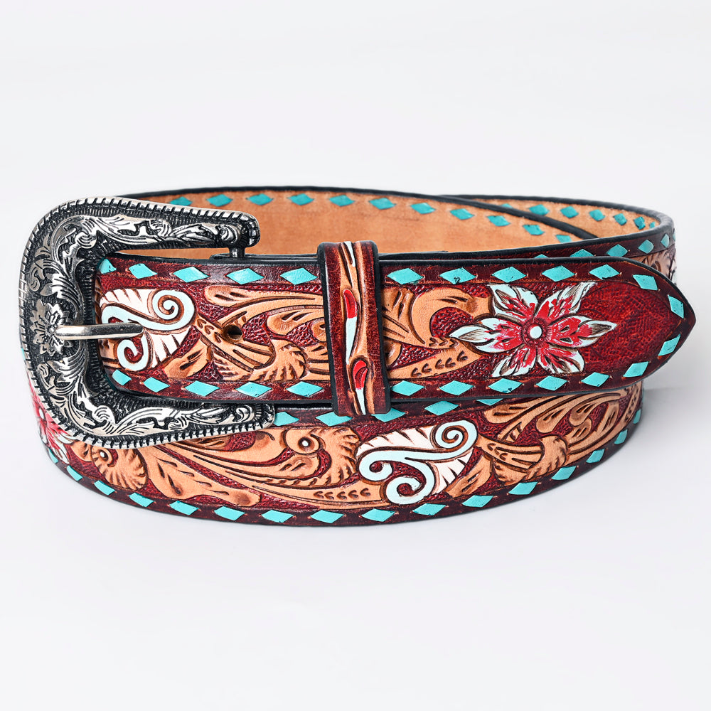 LC-ADBLF170 Handtooled Leather Western Belt - Red Floral & Turquoise Diamond Inlay