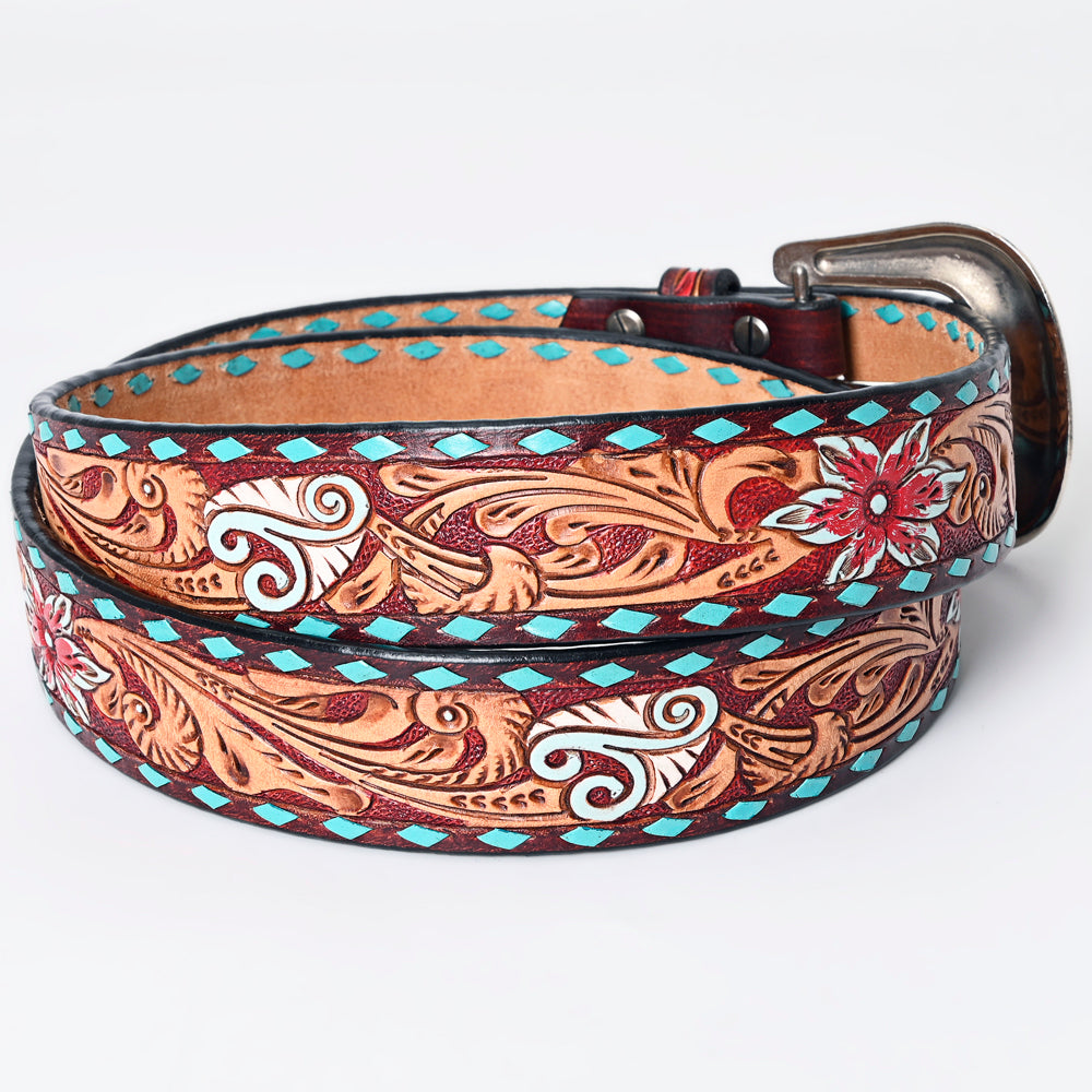 LC-ADBLF170 Handtooled Leather Western Belt - Red Floral & Turquoise Diamond Inlay