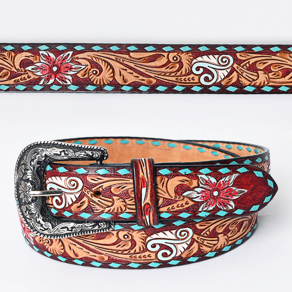 LC-ADBLF170 Handtooled Leather Western Belt - Red Floral & Turquoise Diamond Inlay