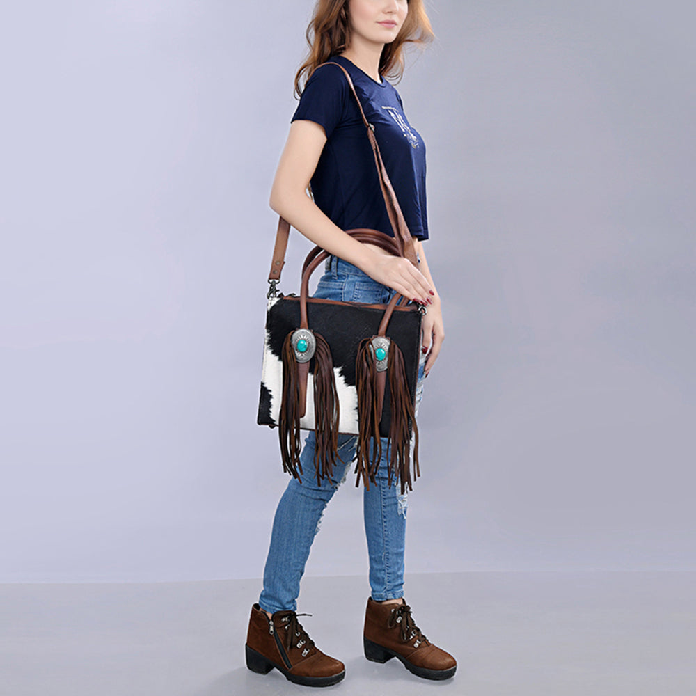 ADBG1091 American Darling Western Leather Tote Bag with Hair-On Cowhide and Fringe